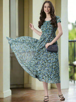 Thumbnail for Souchii Teal & Blue Floral Printed Fit & Flare Dress