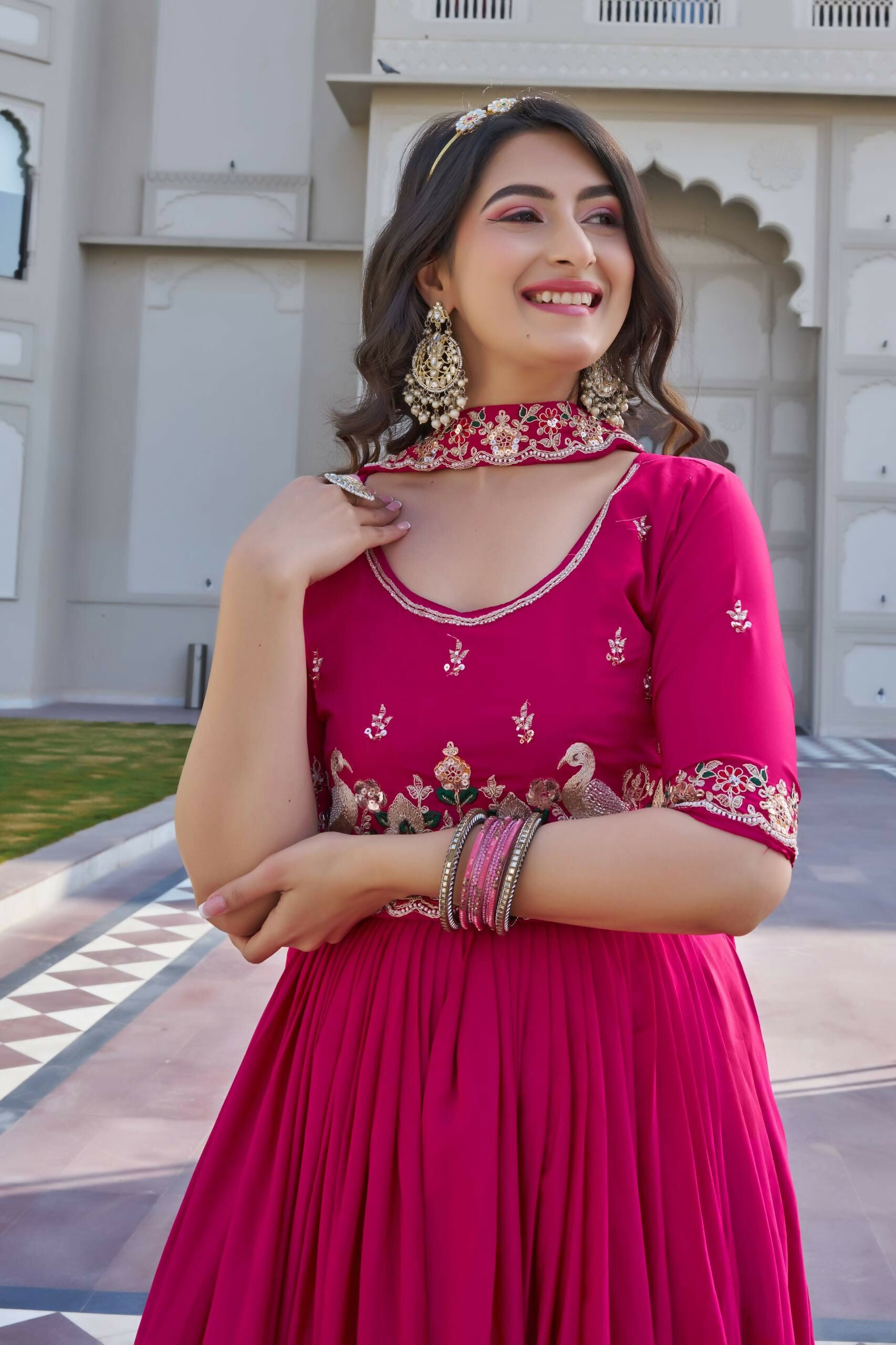 Teeya Creation Womens New Trendy Heavy Cording Sequence & Beads Embroidery Work Pink Gown Set - Dista