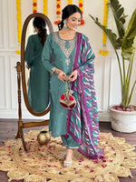 Thumbnail for Malishka Women's Rama Viscose Chanderi Embroidery Kurta Pant Set With Dupatta - Distacart