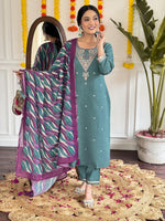 Thumbnail for Malishka Women's Rama Viscose Chanderi Embroidery Kurta Pant Set With Dupatta - Distacart