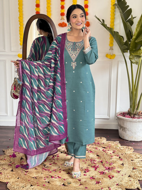 Malishka Women's Rama Viscose Chanderi Embroidery Kurta Pant Set With Dupatta - Distacart