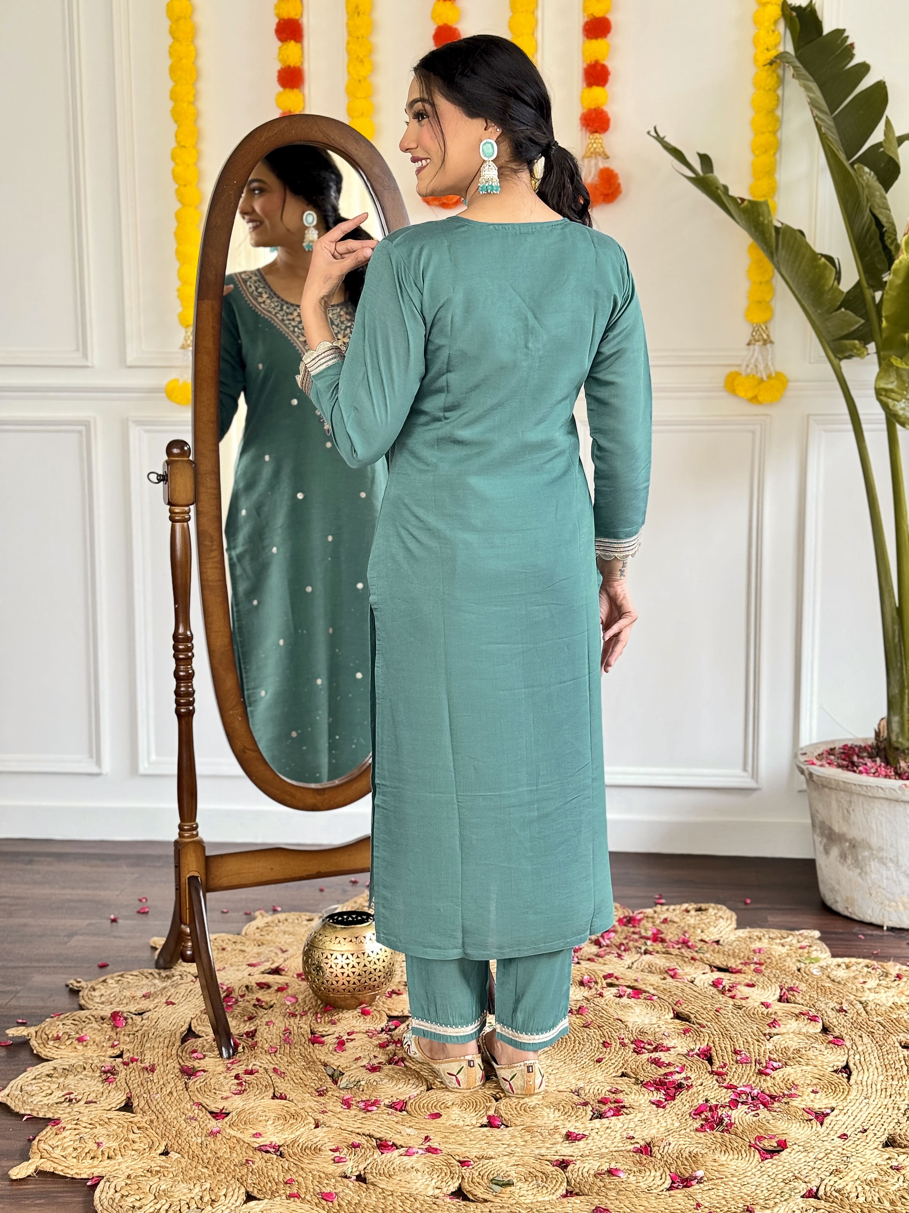 Malishka Women's Rama Viscose Chanderi Embroidery Kurta Pant Set With Dupatta - Distacart
