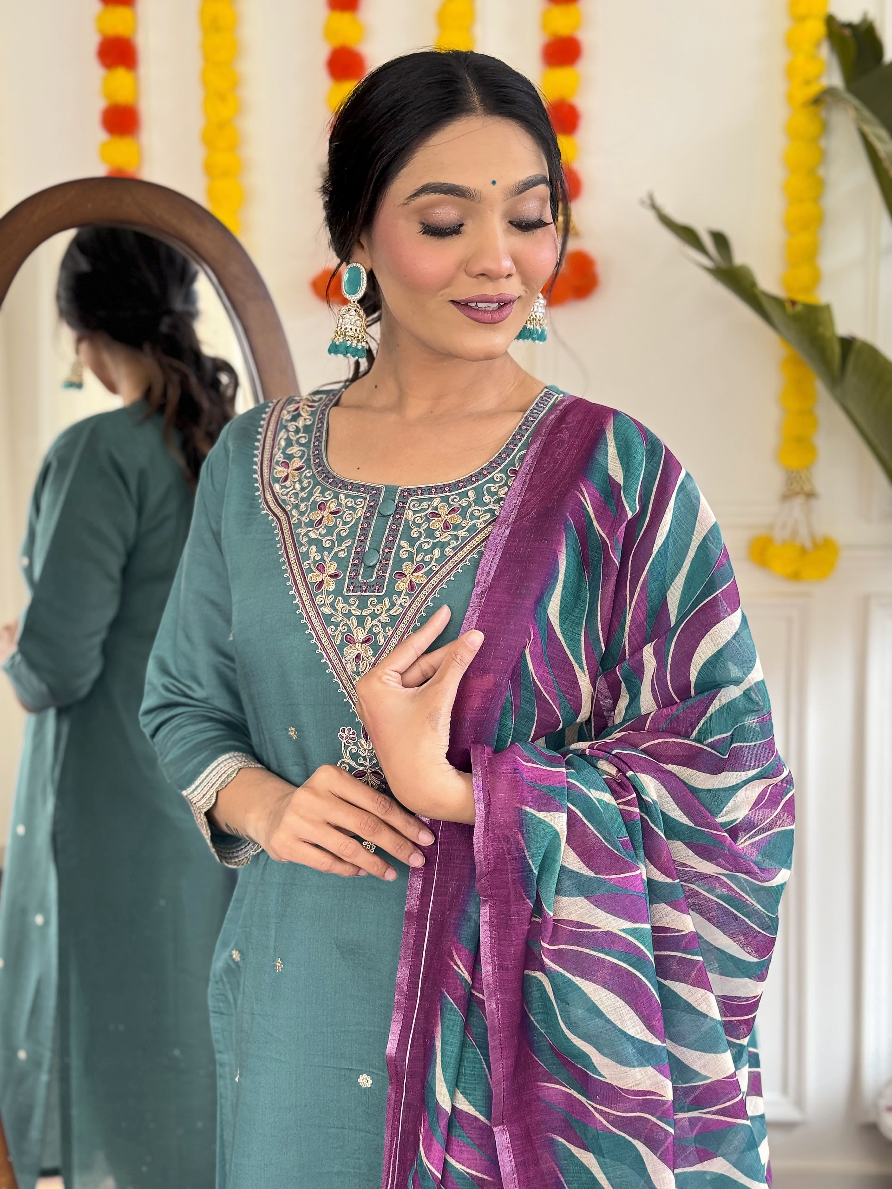 Malishka Women's Rama Viscose Chanderi Embroidery Kurta Pant Set With Dupatta - Distacart