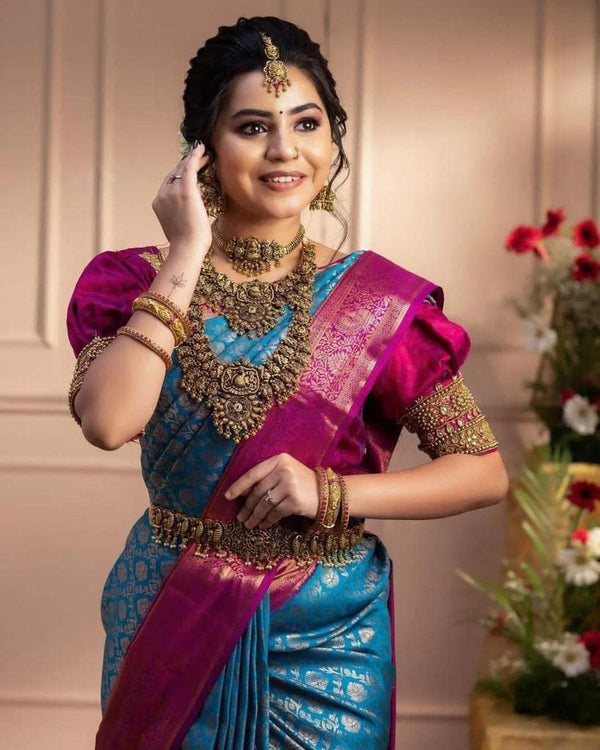 Vamika Weaving Banarasi Jacquard Sky Blue Kanjivaram Saree - Distacart