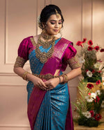 Thumbnail for Vamika Weaving Banarasi Jacquard Sky Blue Kanjivaram Saree - Distacart