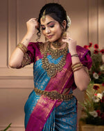 Thumbnail for Vamika Weaving Banarasi Jacquard Sky Blue Kanjivaram Saree - Distacart