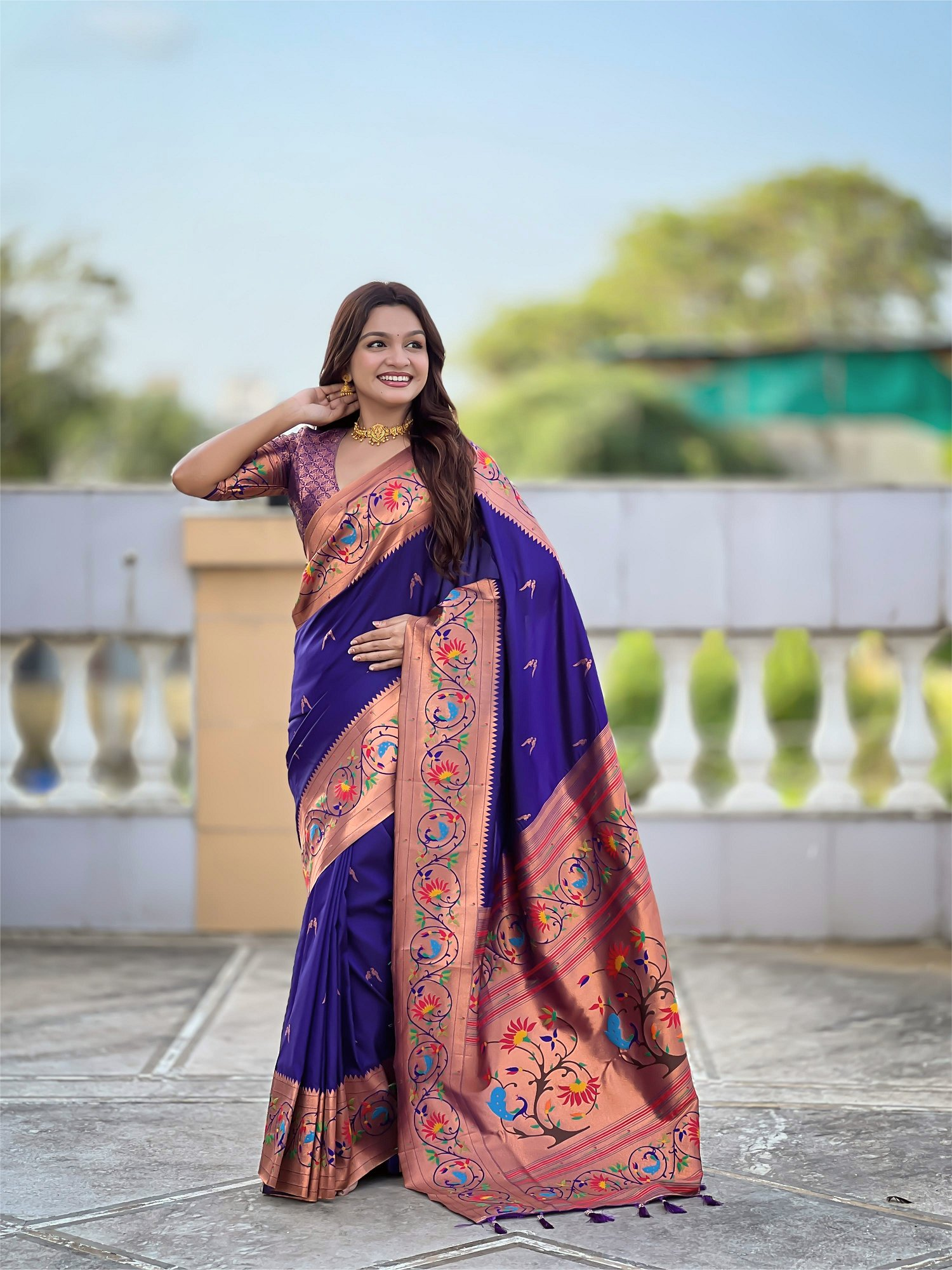 Mameraa Sarees Violet Faux Banarasi Silk Saree With Paithani Rich Weaved Pallu And Blouse-Violet - Dista