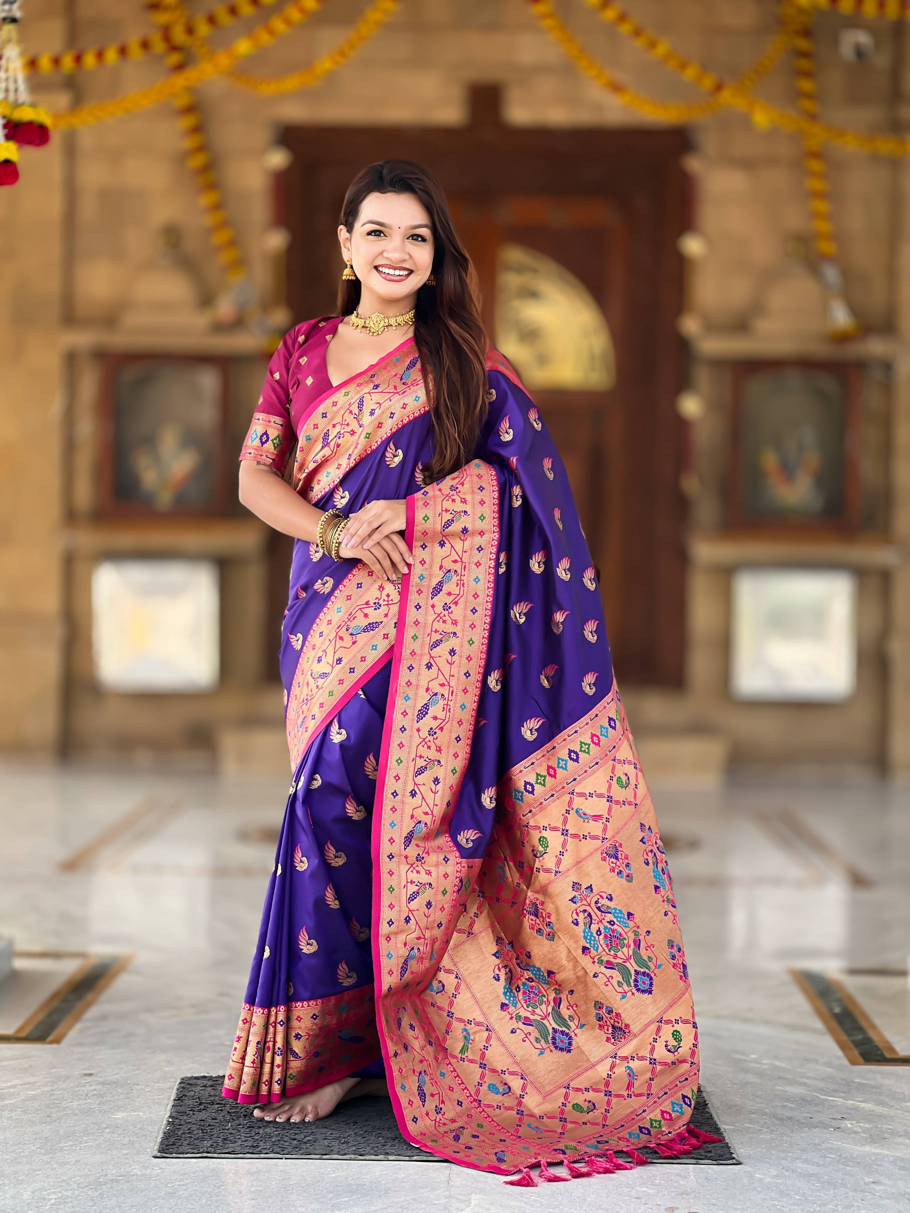 Mameraa Sarees Purple Faux Banarasi Silk Saree With Paithani Rich Weaved Pallu And Blouse-Purple - Dista