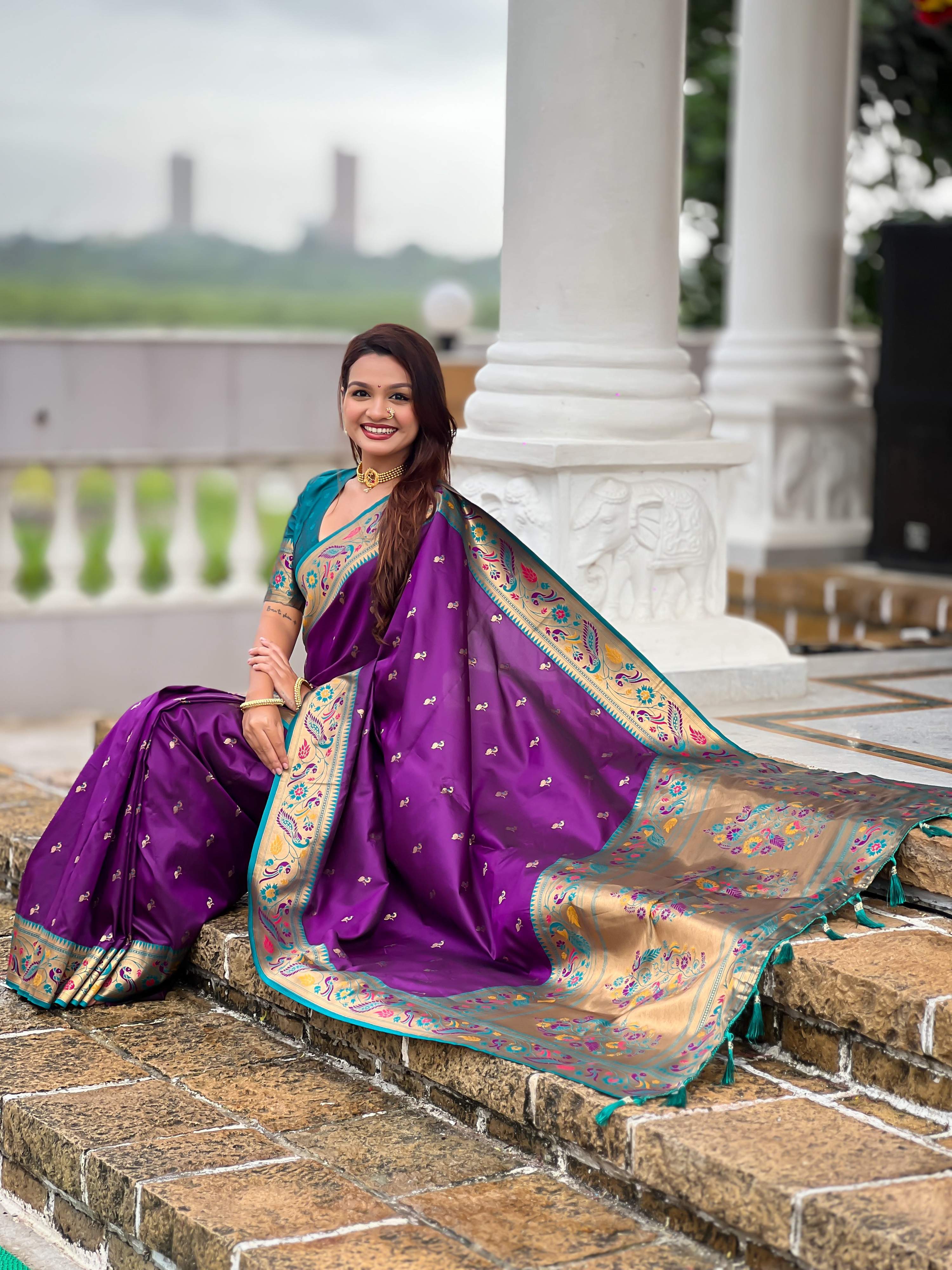 Mameraa Sarees Purple Faux Banarasi Silk Saree With Paithani Rich Weaved Pallu And Blouse-Purple - Dista