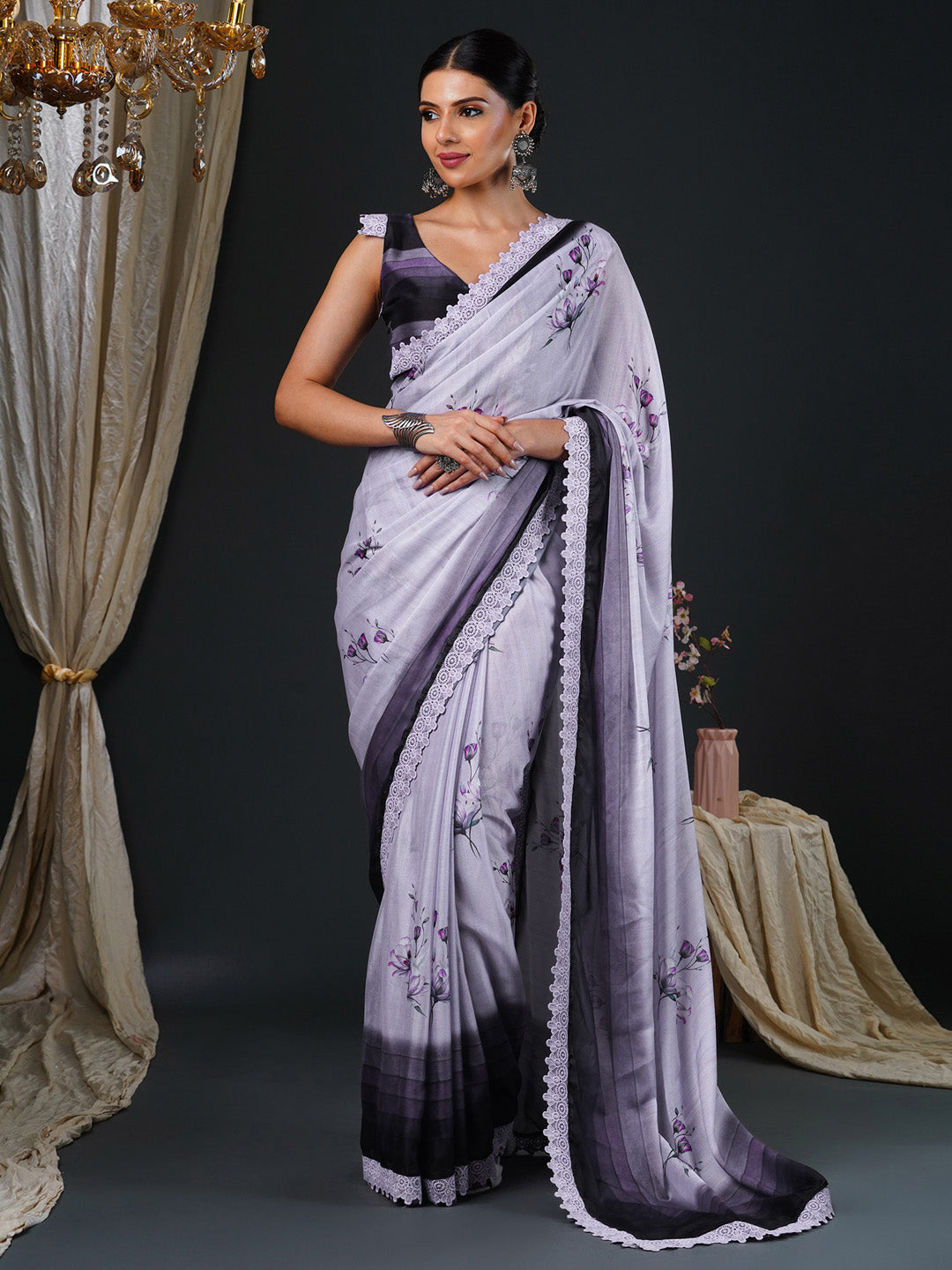 NOZ2TOZ Women's Georgette Purple Printed Designer Saree With Blouse Piece - Distacart