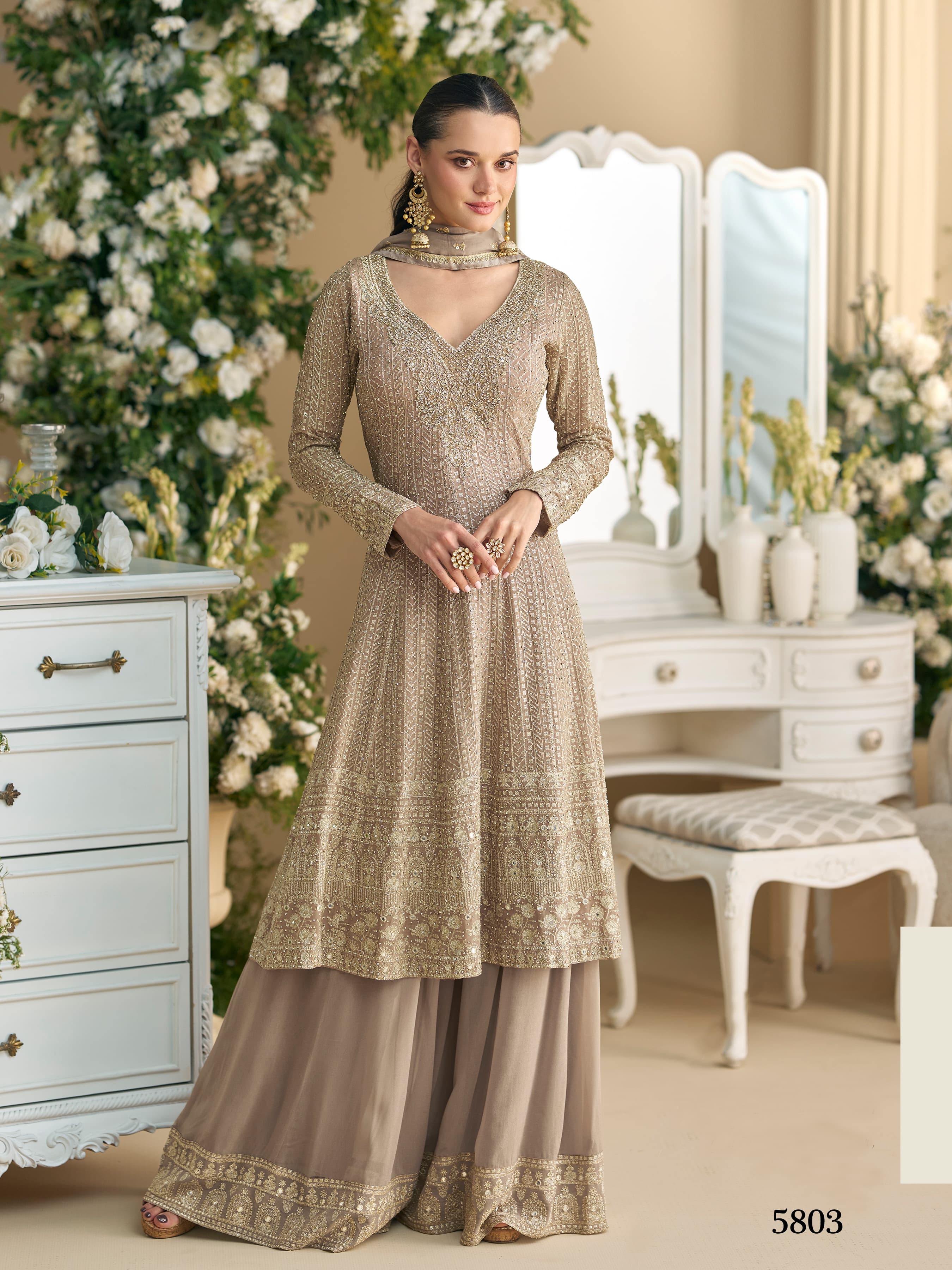 Aarshi Fashions Beige Palazzo Party Wear Salwar Kameez