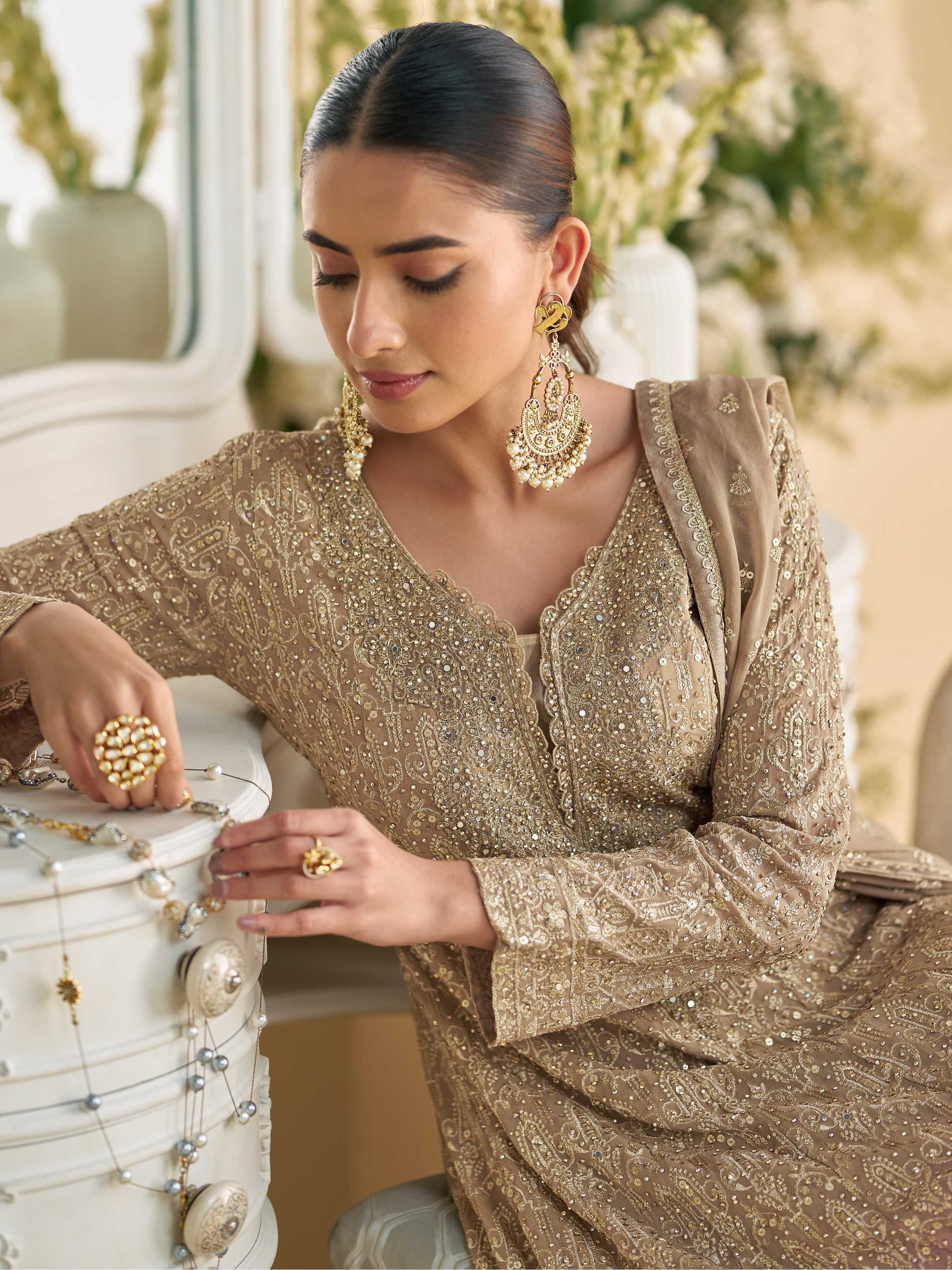 Aarshi Fashions Beige Palazzo Party Wear Salwar Kameez