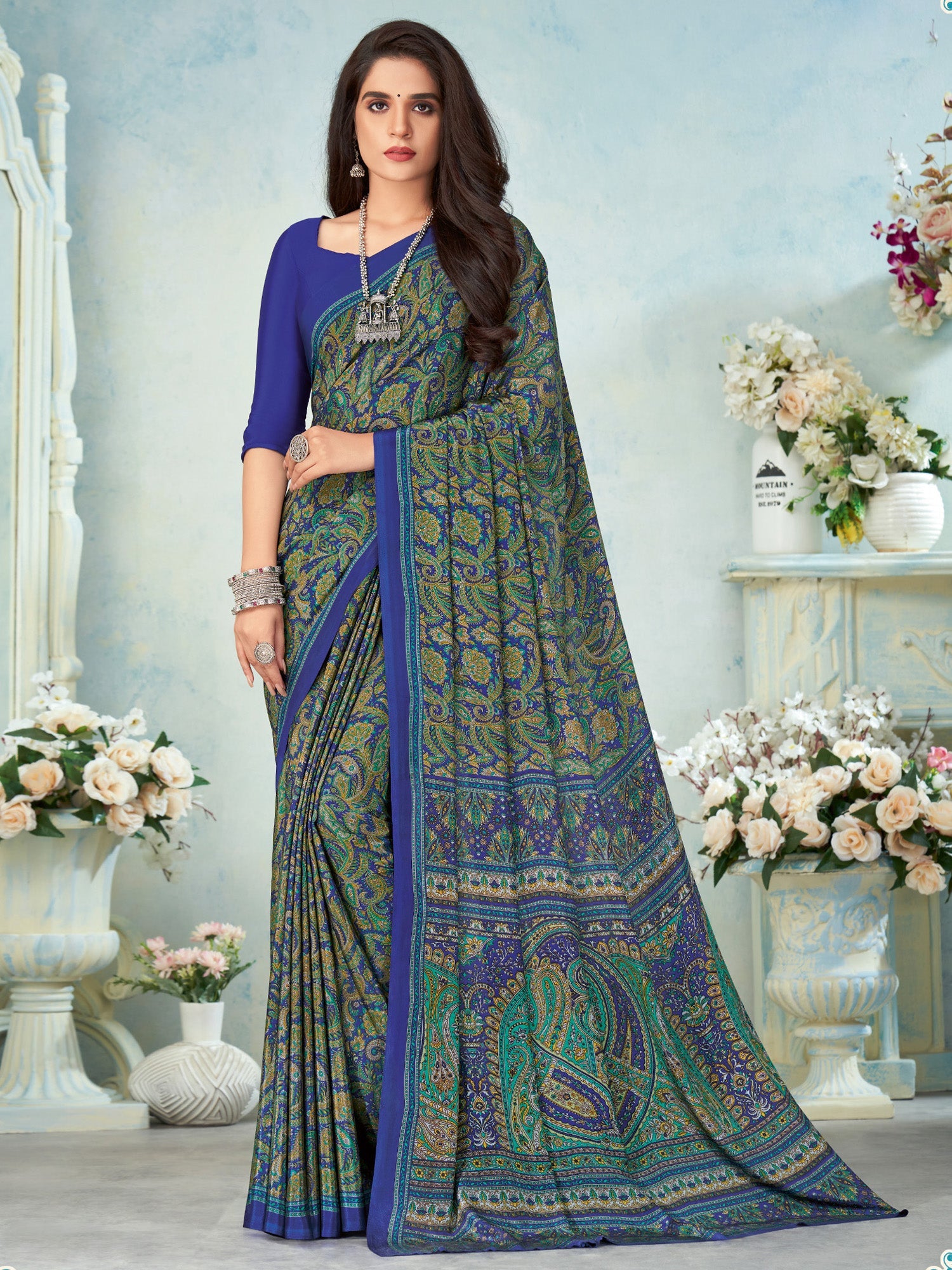 NOZ2TOZ Women's Crepe Blue Printed Designer Saree With Blouse Piece - Distacart