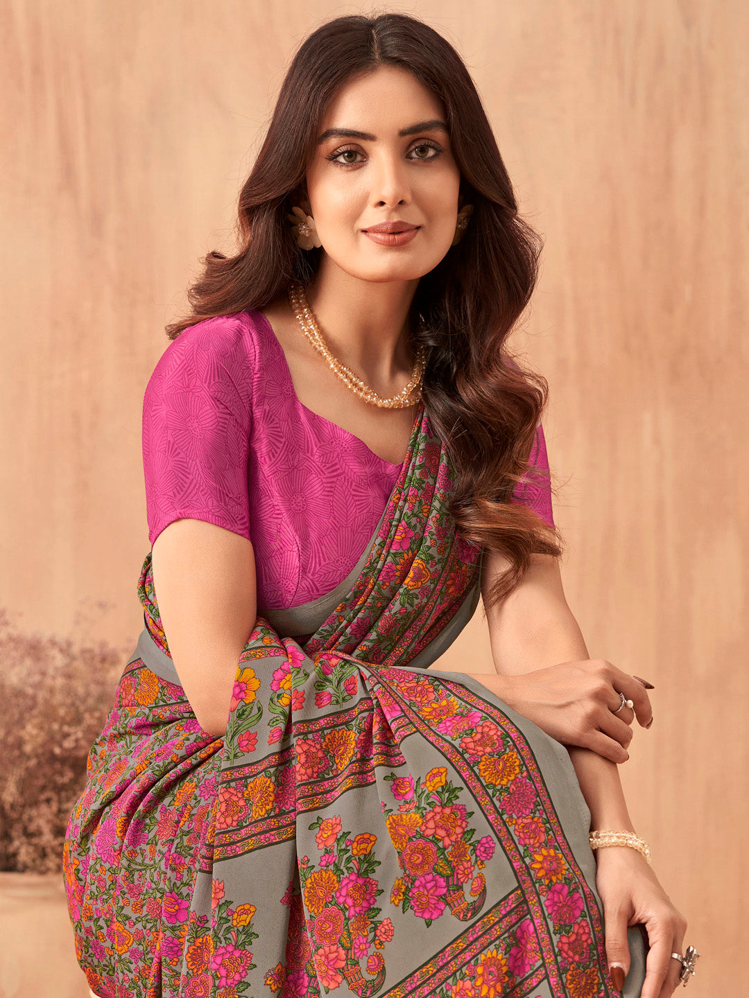 NOZ2TOZ Women's Crepe Pink Printed Designer Saree With Blouse Piece - Distacart