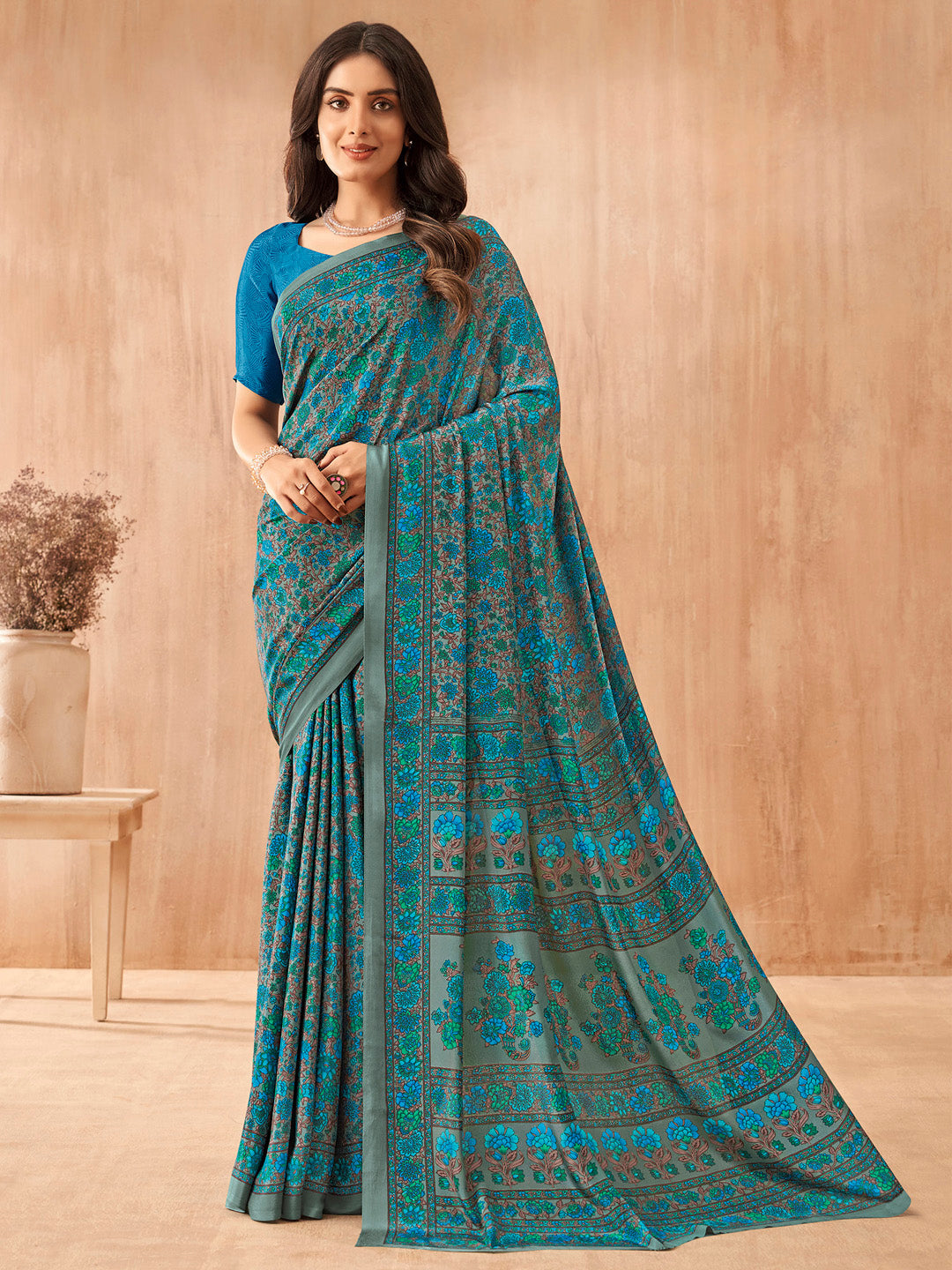 NOZ2TOZ Women's Crepe Blue Printed Designer Saree With Blouse Piece - Distacart