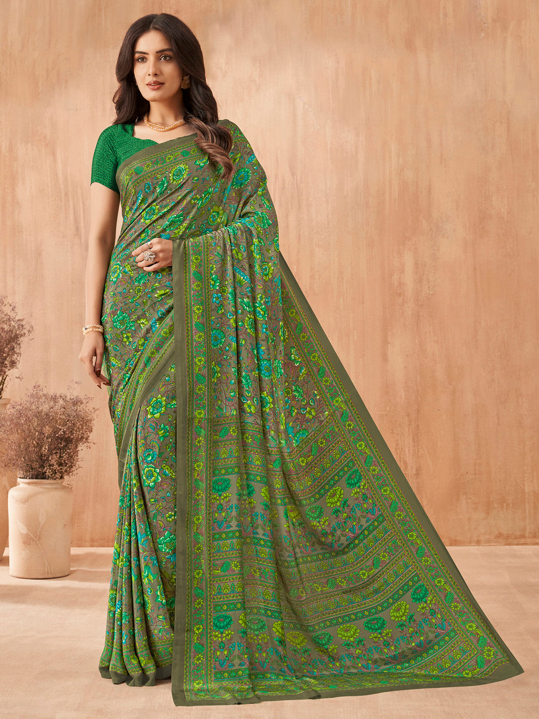 NOZ2TOZ Women's Crepe Green Printed Designer Saree With Blouse Piece - Distacart