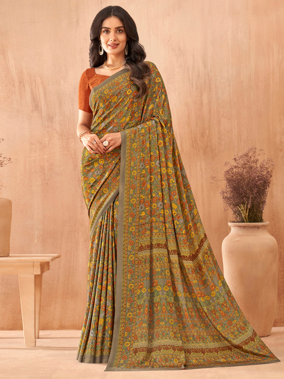 NOZ2TOZ Women's Crepe Rust Printed Designer Saree With Blouse Piece - Distacart