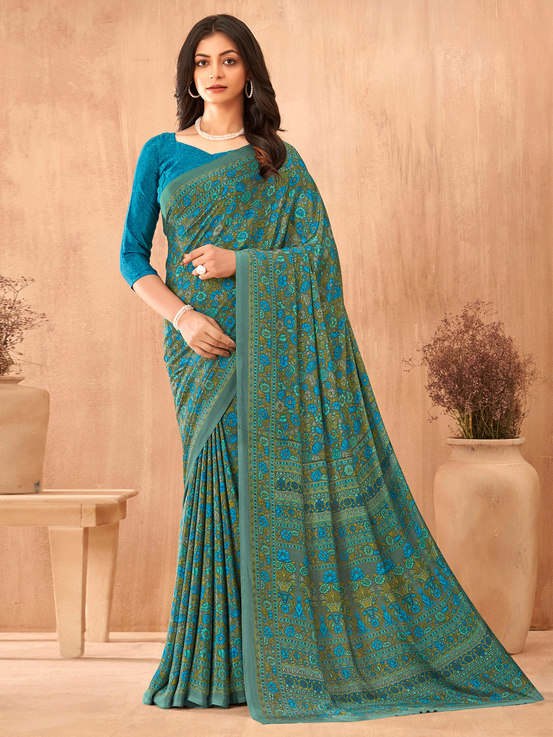 NOZ2TOZ Women's Crepe Blue Printed Designer Saree With Blouse Piece - Distacart