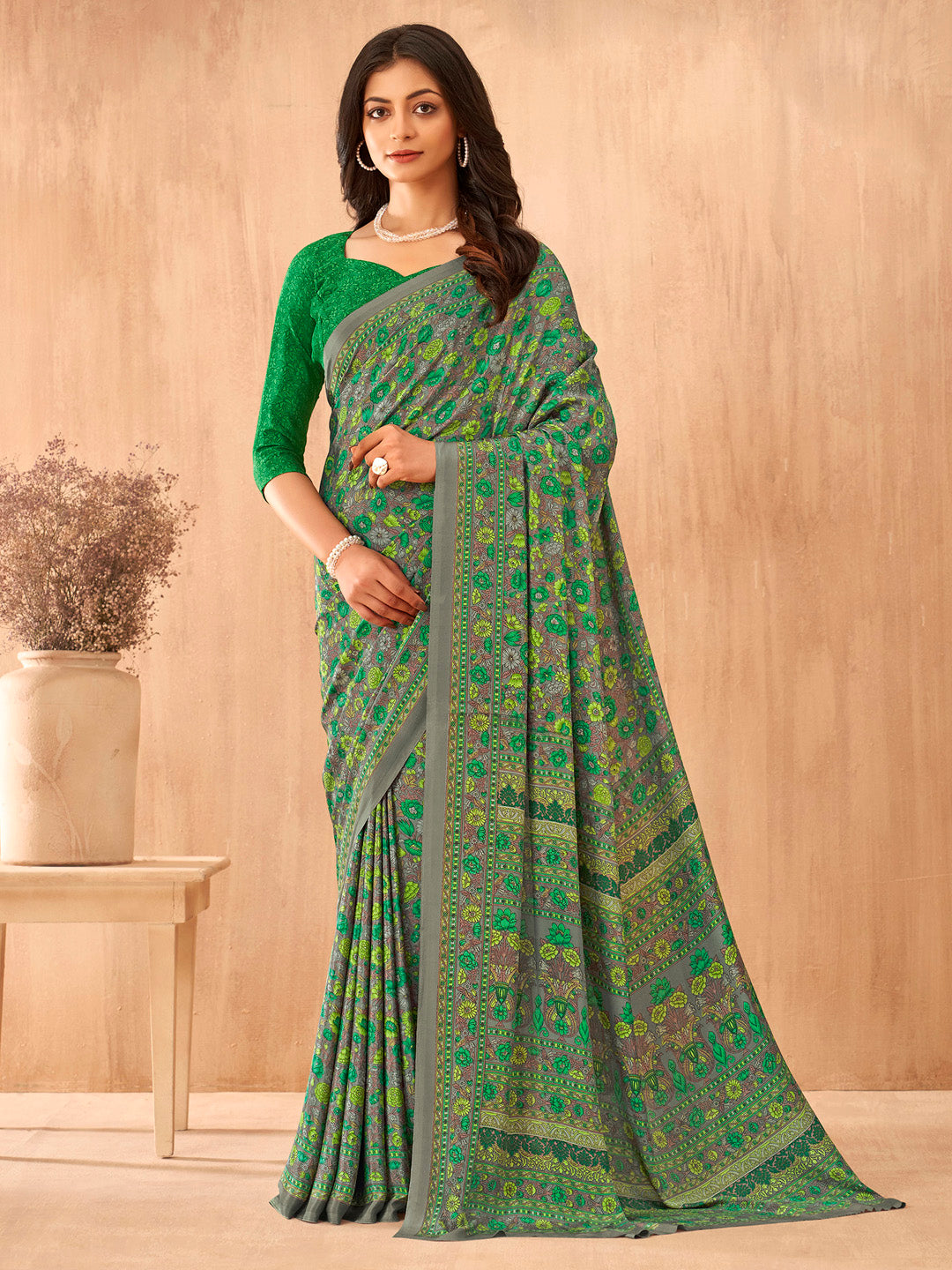 NOZ2TOZ Women's Crepe Green Printed Designer Saree With Blouse Piece - Distacart