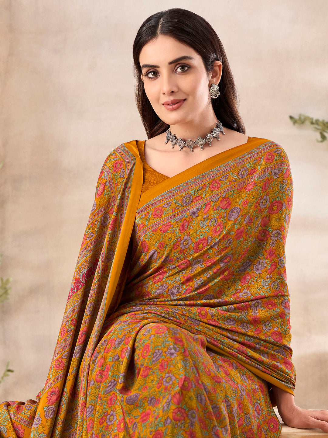 NOZ2TOZ Women's Crepe Mustard Printed Designer Saree With Blouse Piece - Distacart
