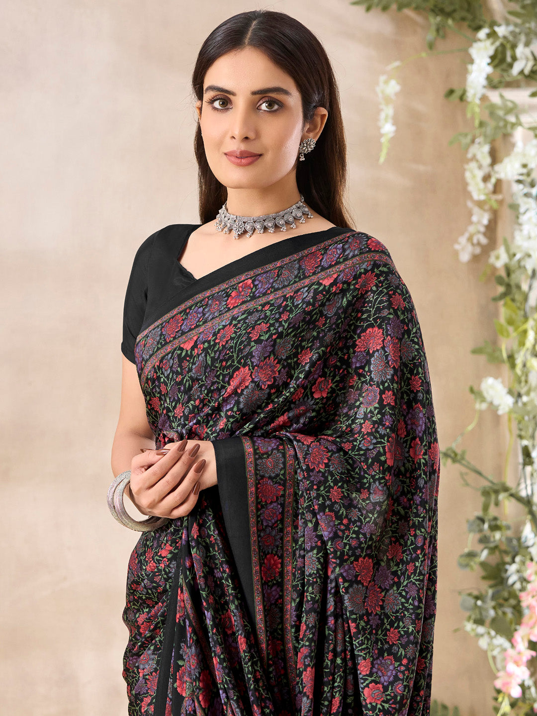 NOZ2TOZ Women's Crepe Black Printed Designer Saree With Blouse Piece - Distacart