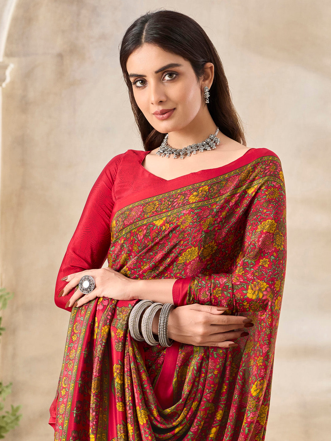 NOZ2TOZ Women's Crepe Red Printed Designer Saree With Blouse Piece - Distacart