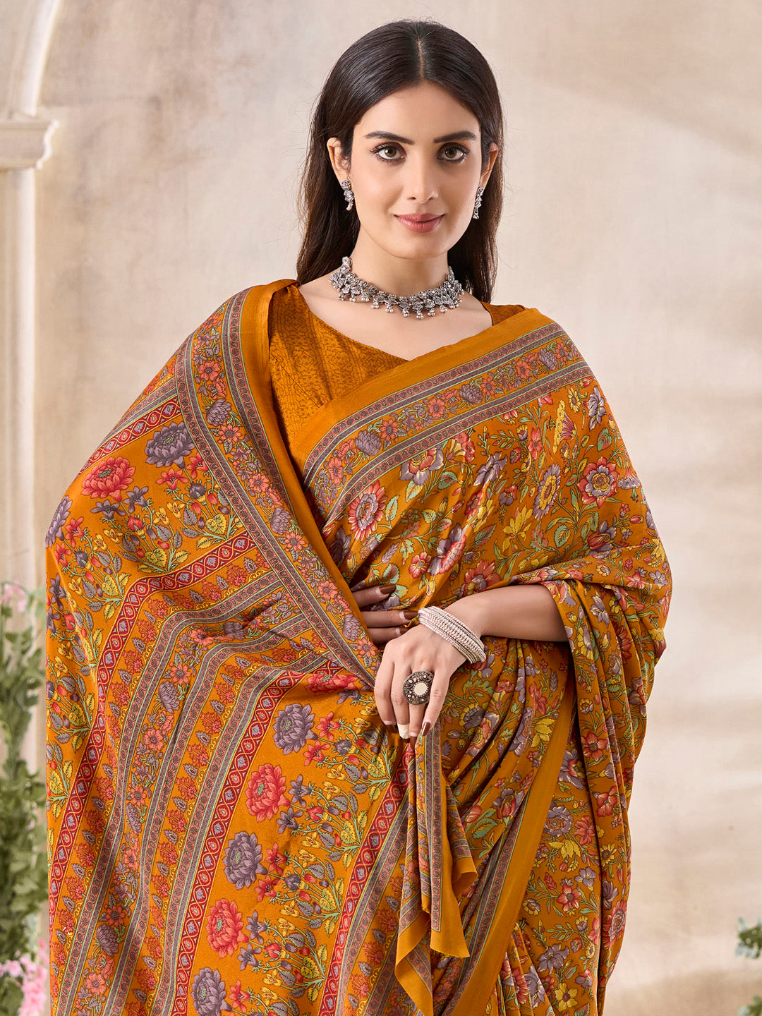 NOZ2TOZ Women's Crepe Mustard Printed Designer Saree With Blouse Piece - Distacart
