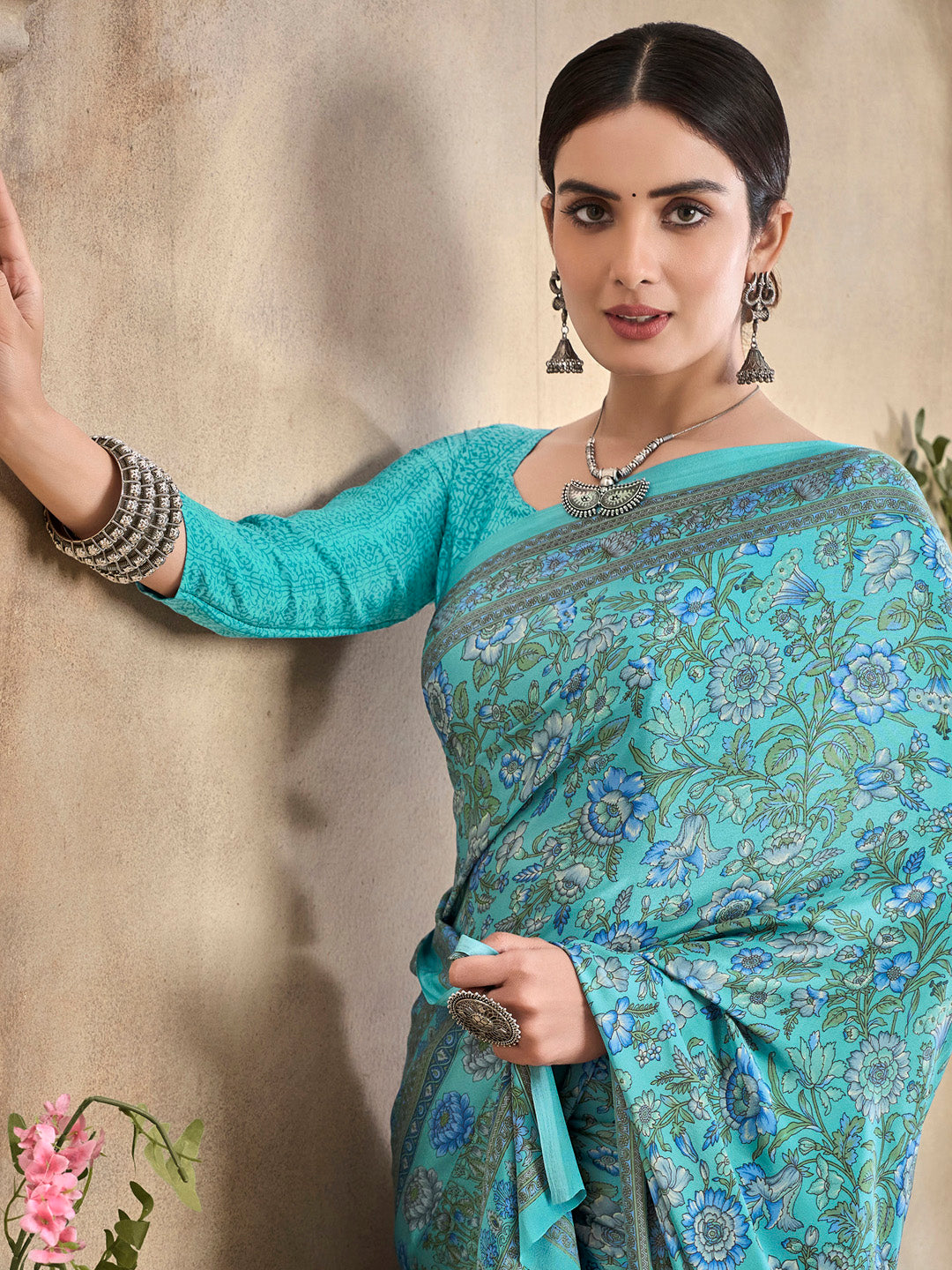 NOZ2TOZ Women's Crepe Light Blue Printed Designer Saree With Blouse Piece - Distacart