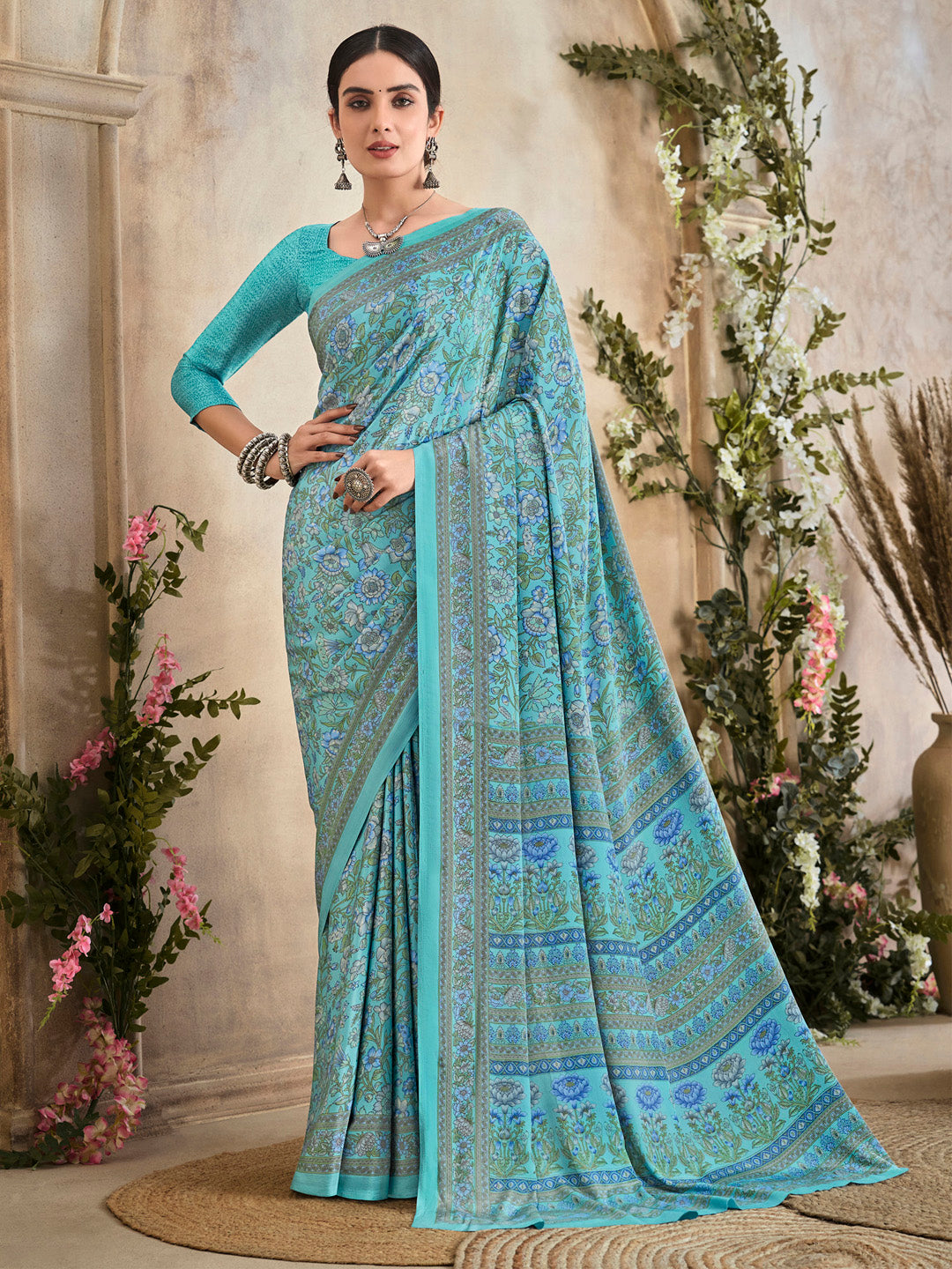 NOZ2TOZ Women's Crepe Light Blue Printed Designer Saree With Blouse Piece - Distacart