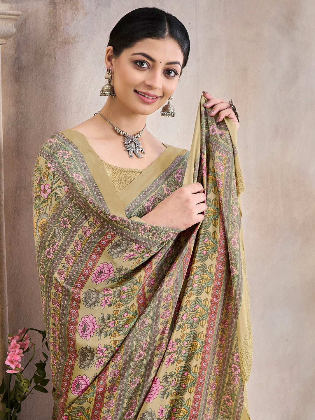 NOZ2TOZ Women's Crepe Beige Printed Designer Saree With Blouse Piece - Distacart