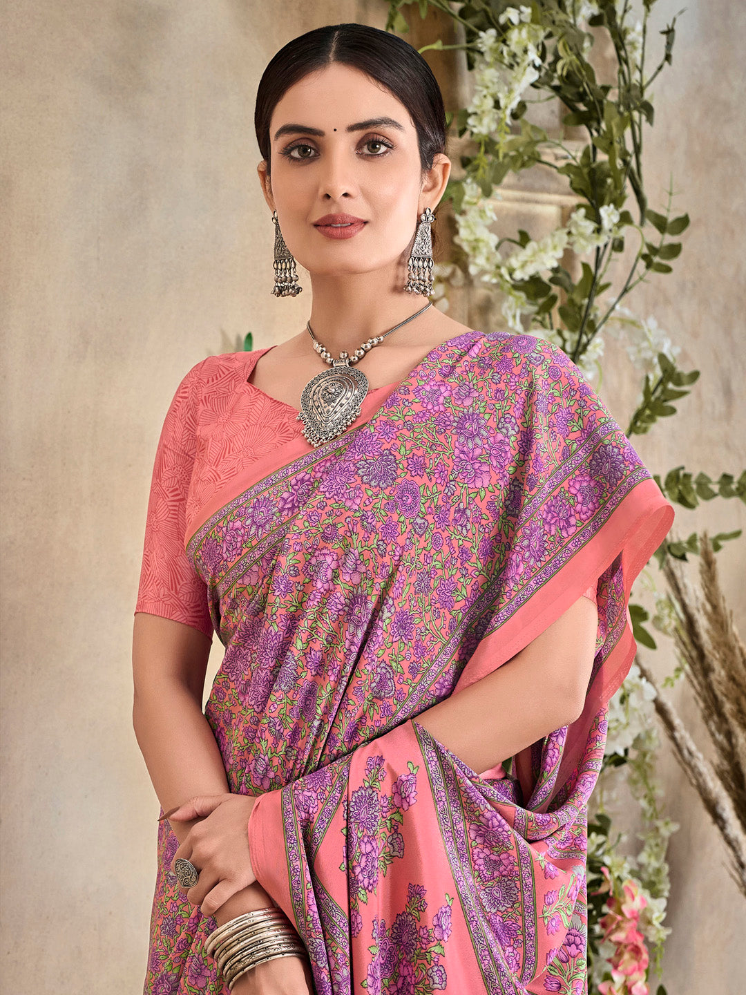 NOZ2TOZ Women's Crepe Peach Printed Designer Saree With Blouse Piece - Distacart