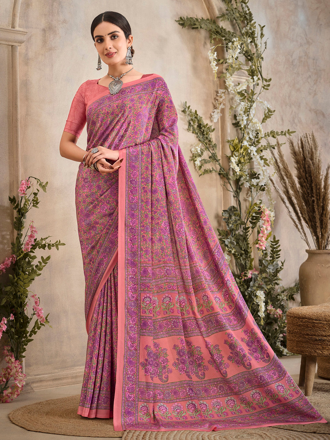 NOZ2TOZ Women's Crepe Peach Printed Designer Saree With Blouse Piece - Distacart