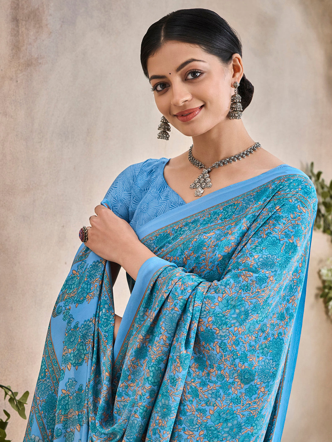 NOZ2TOZ Women's Crepe Light Blue Printed Designer Saree With Blouse Piece - Distacart