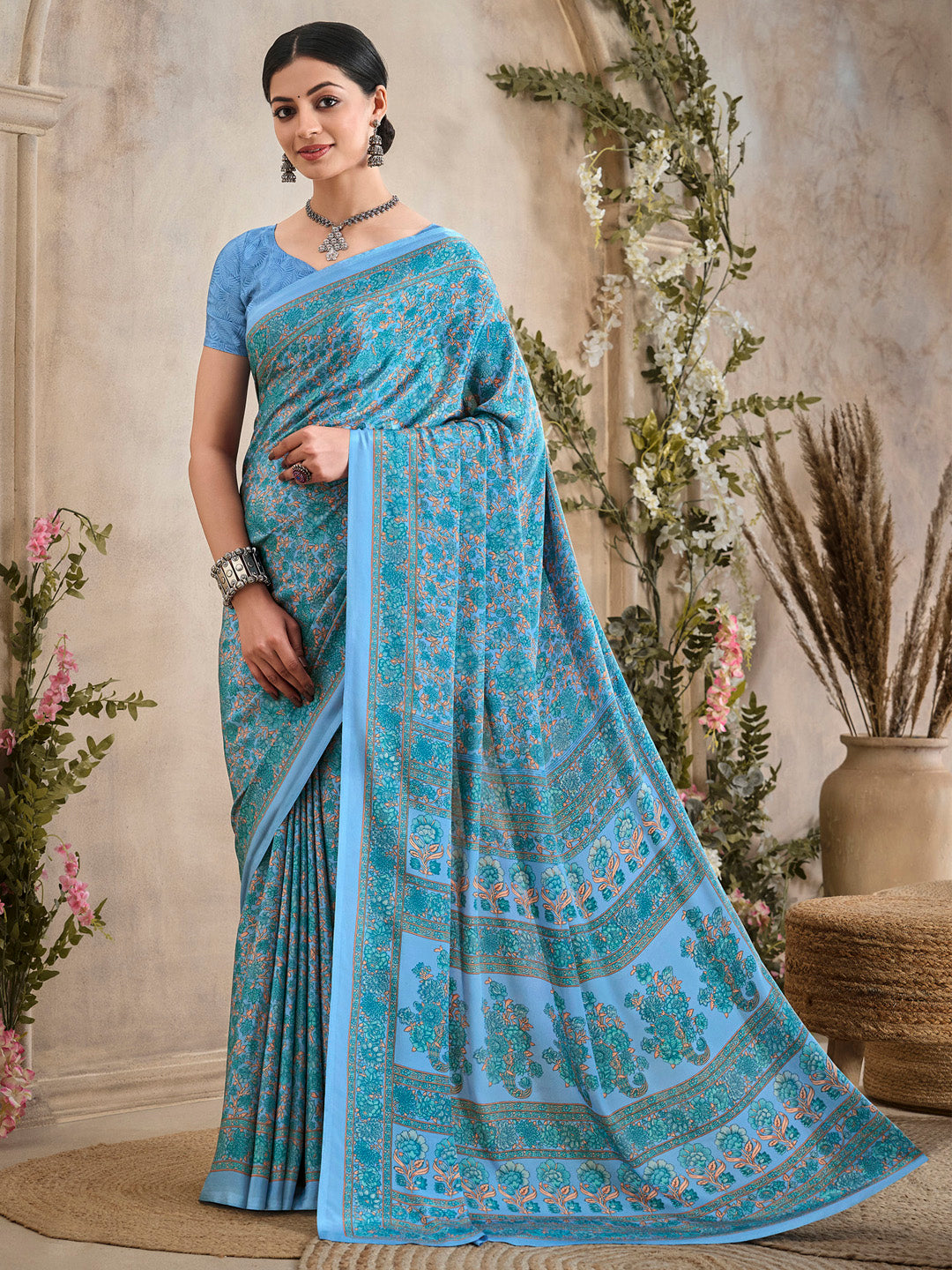 NOZ2TOZ Women's Crepe Light Blue Printed Designer Saree With Blouse Piece - Distacart