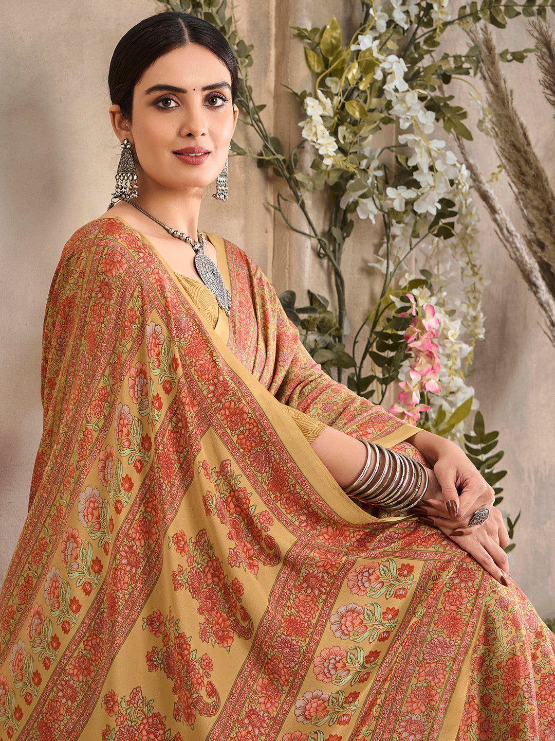 NOZ2TOZ Women's Crepe Beige Printed Designer Saree With Blouse Piece - Distacart