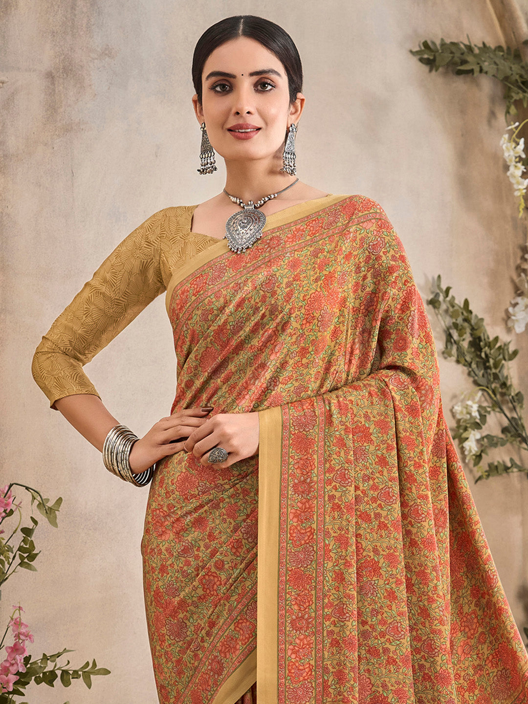 NOZ2TOZ Women's Crepe Beige Printed Designer Saree With Blouse Piece - Distacart