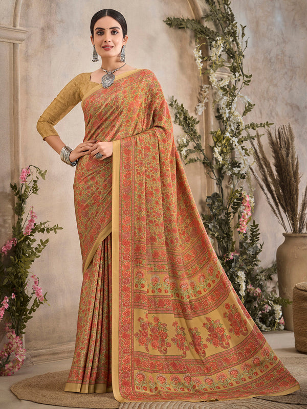 NOZ2TOZ Women's Crepe Beige Printed Designer Saree With Blouse Piece - Distacart