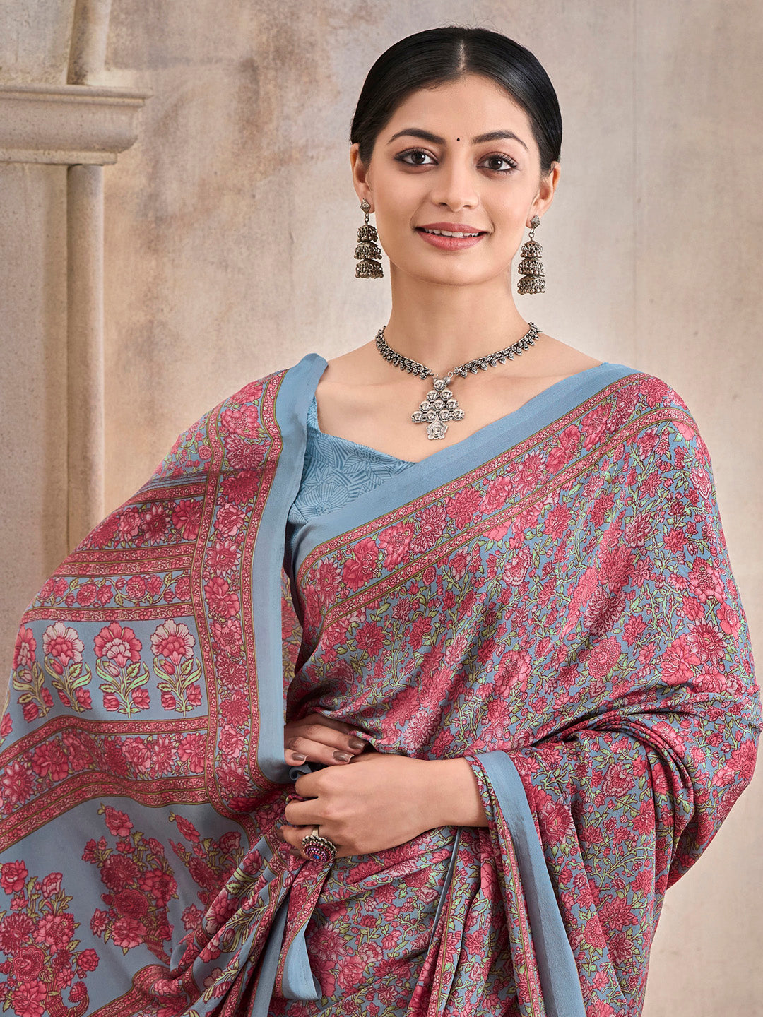 NOZ2TOZ Women's Crepe Grey Printed Designer Saree With Blouse Piece - Distacart