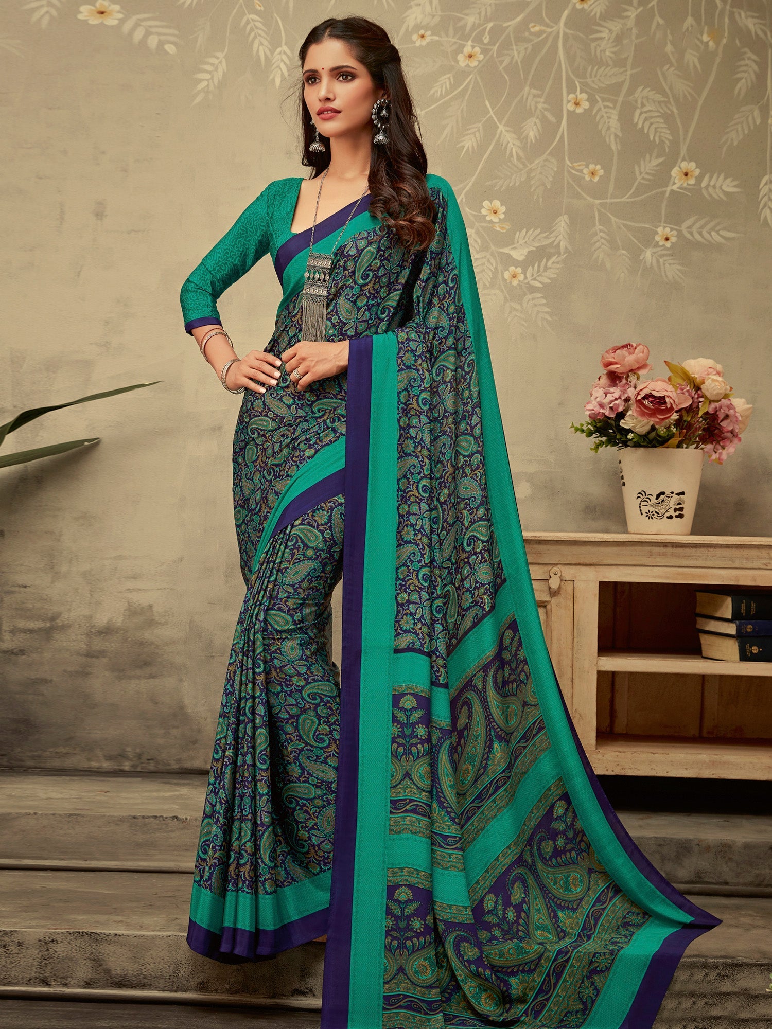 NOZ2TOZ Women's Crepe Navy Blue Printed Designer Saree With Blouse Piece - Distacart