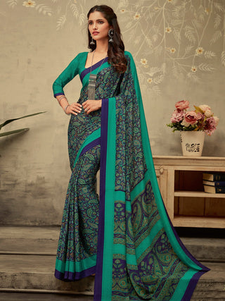 NOZ2TOZ Women's Crepe Navy Blue Printed Designer Saree With Blouse Piece - Distacart