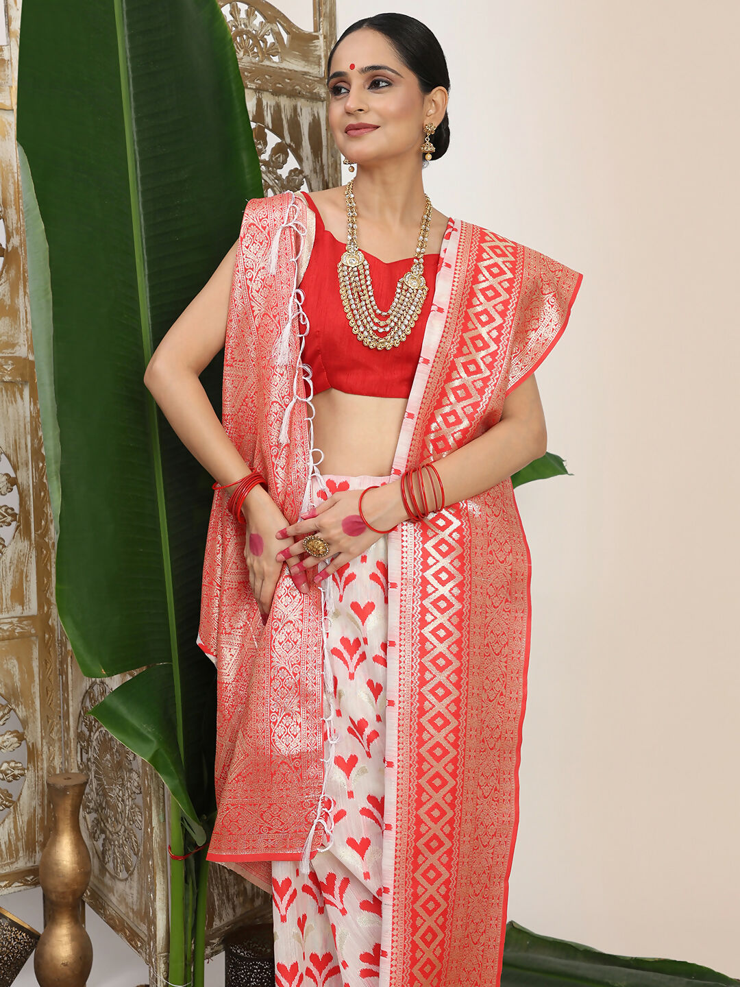 Astita Linen Cotton Red & White Saree