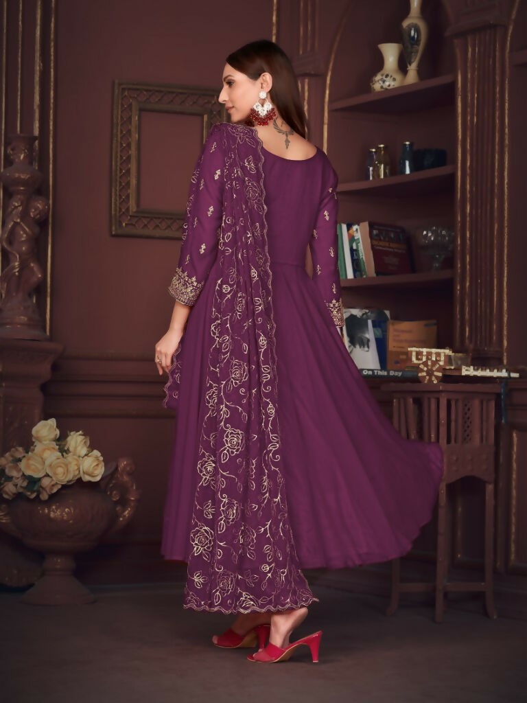 Jyoti Fashion Women's Purple Georgette Embroidered Anarkali Kurta Pant Set With Dupatta - Distacart