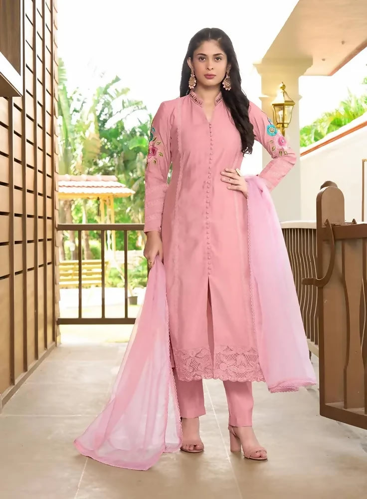 Nikhaar Light Pink Embroidered Art Silk Straight Cut Readymade Pakistani Suit