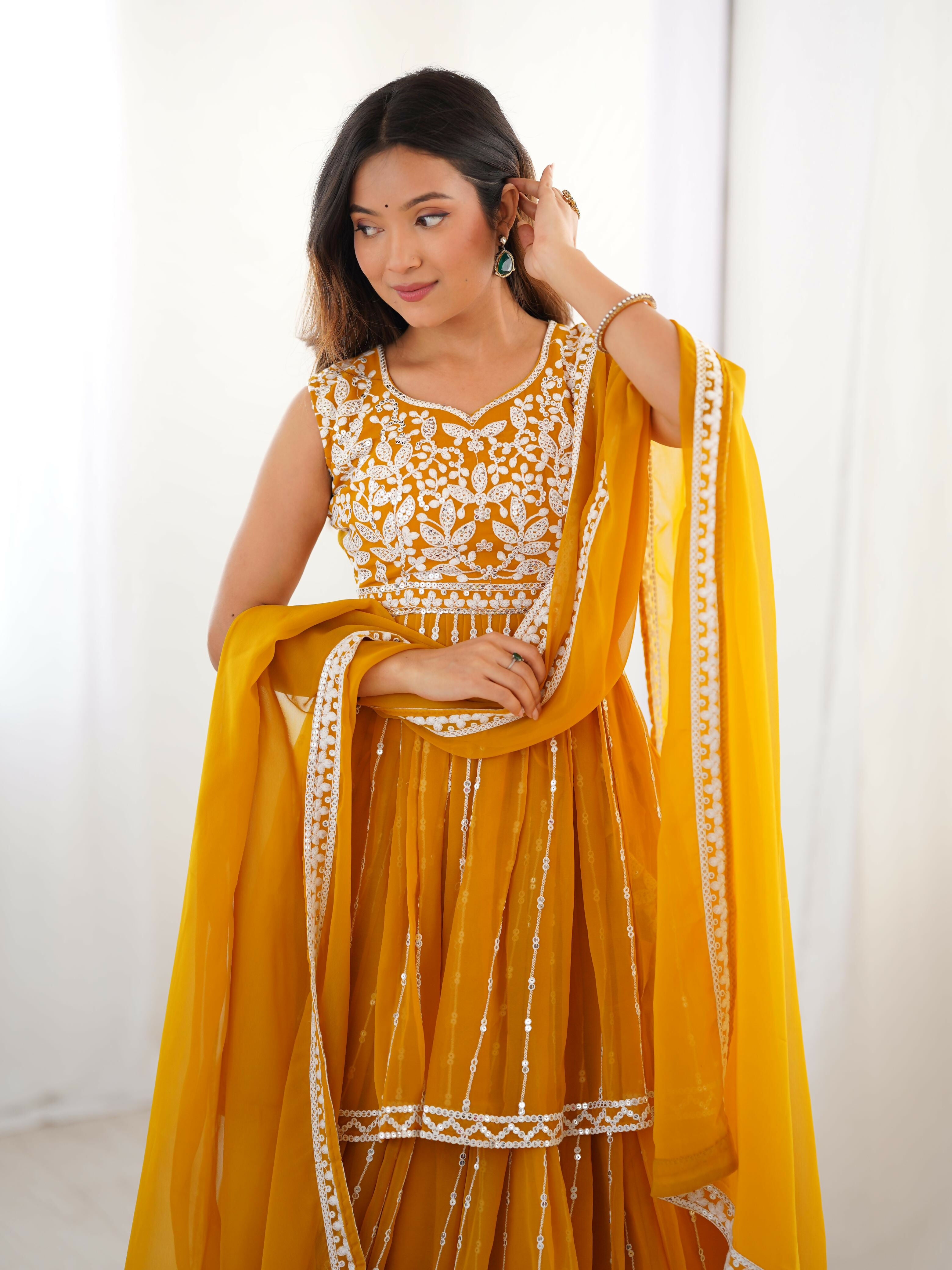 Joban Fashion Yellow Lehenga Georgette Coding Dori with Sequence with Rivet Moti