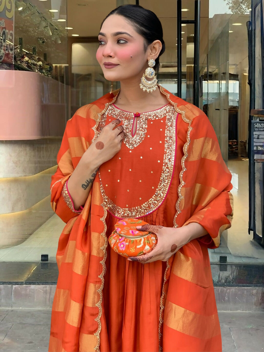 The52 Rust Women's Gorgeous Embroidered Work Chanderi Fabric Flared Kurta Pant and Dupatta Set