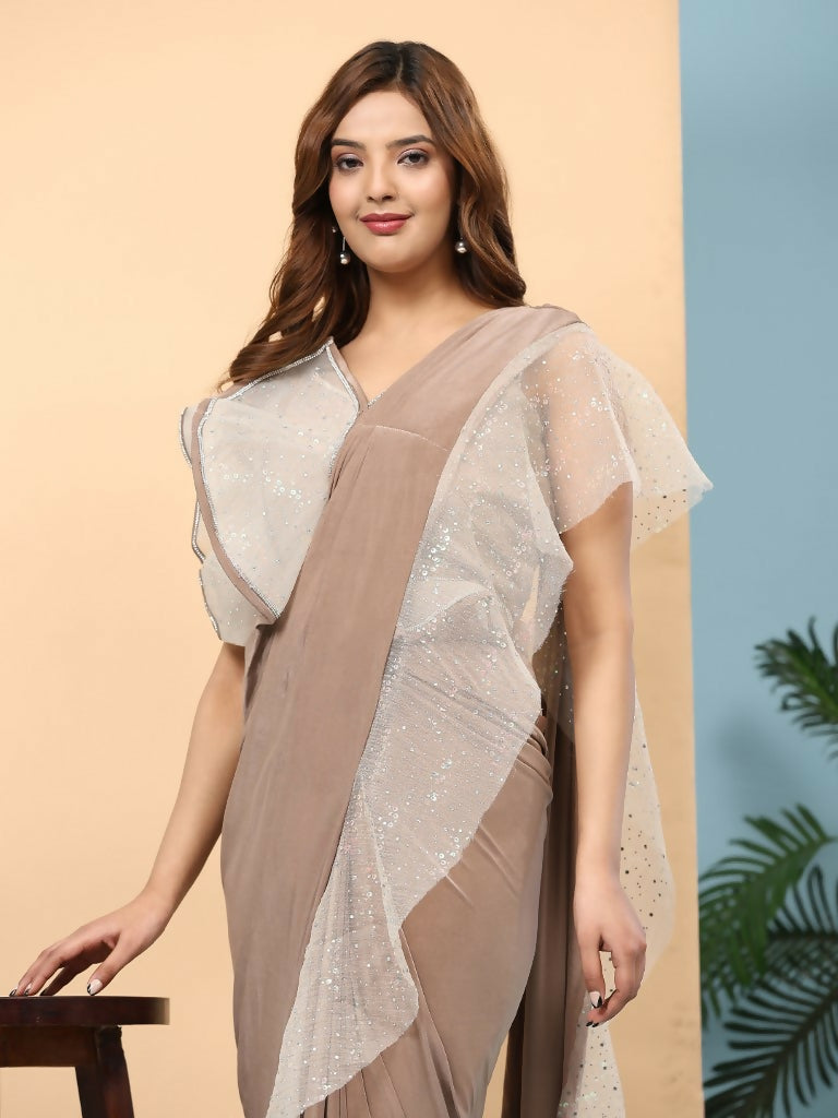 Light Brown Lycra Solid Ready to Wear Saree with stitched Blouse - Nita - Distacart