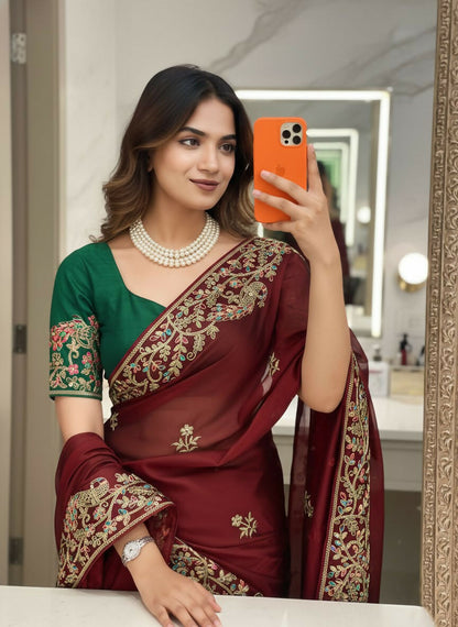Teeya Creation Womens New Fancy Embroidery Work Saree-Maroon - Dista