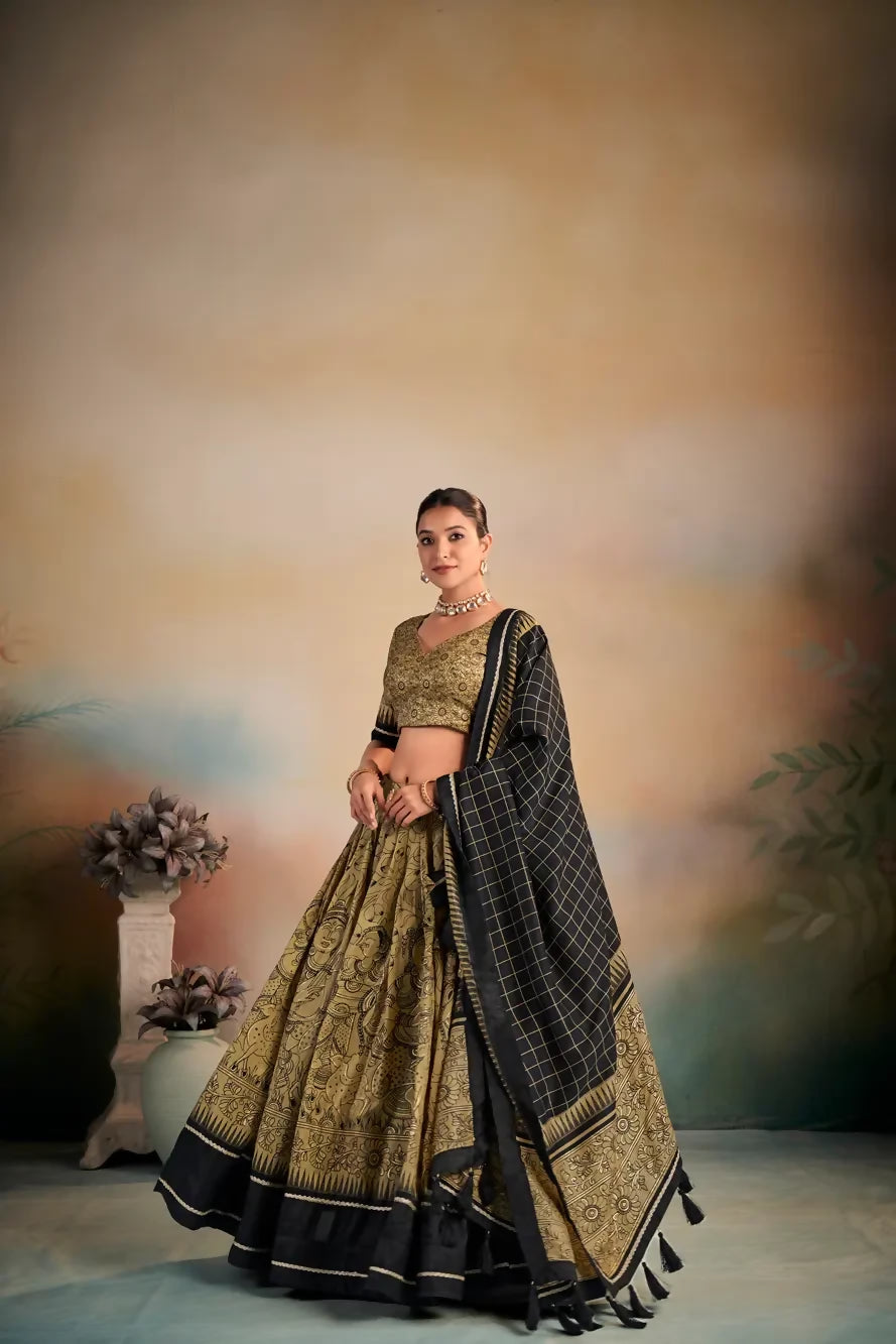 Looknbook Art Tasar Silk Kalamkari Printed Lehenga Choli with Lace Border-Gold