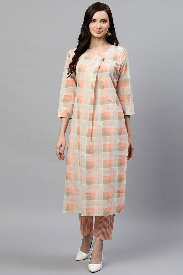 Ahika Peach Pure Cotton Checks Printed Kurta Set