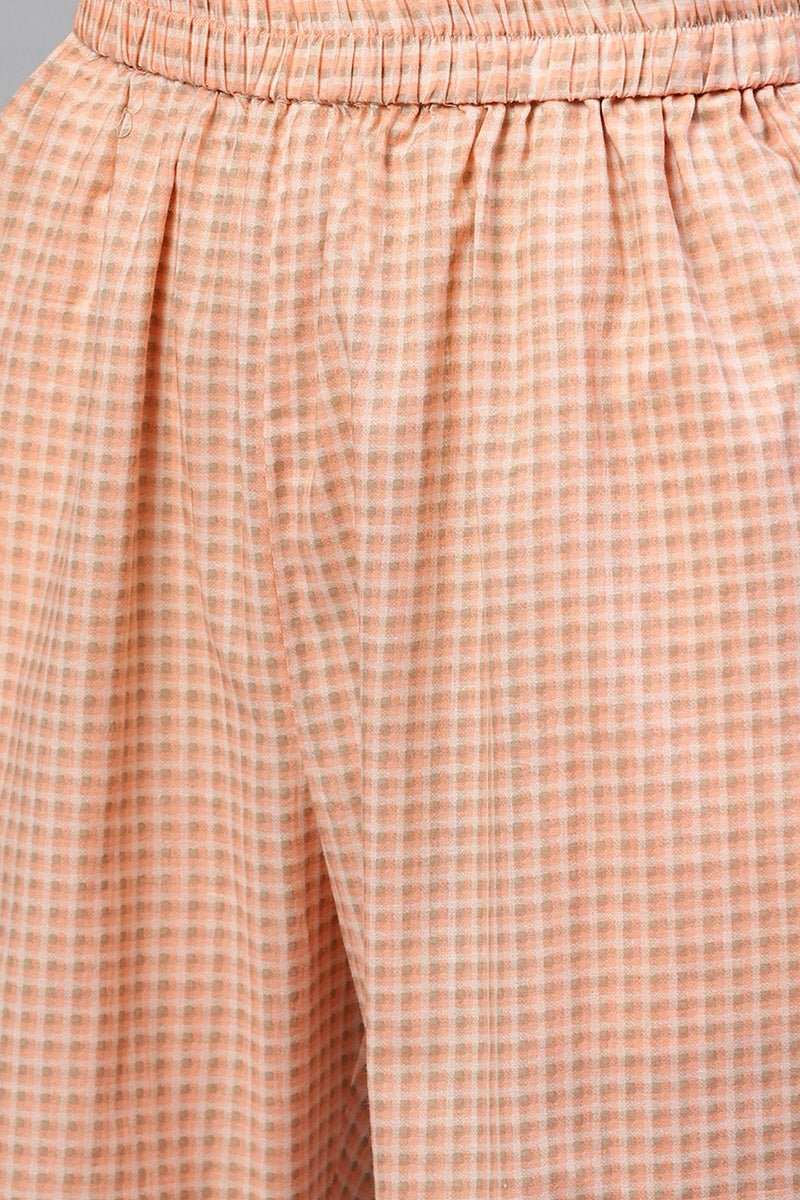 Ahika Peach Pure Cotton Checks Printed Kurta Set
